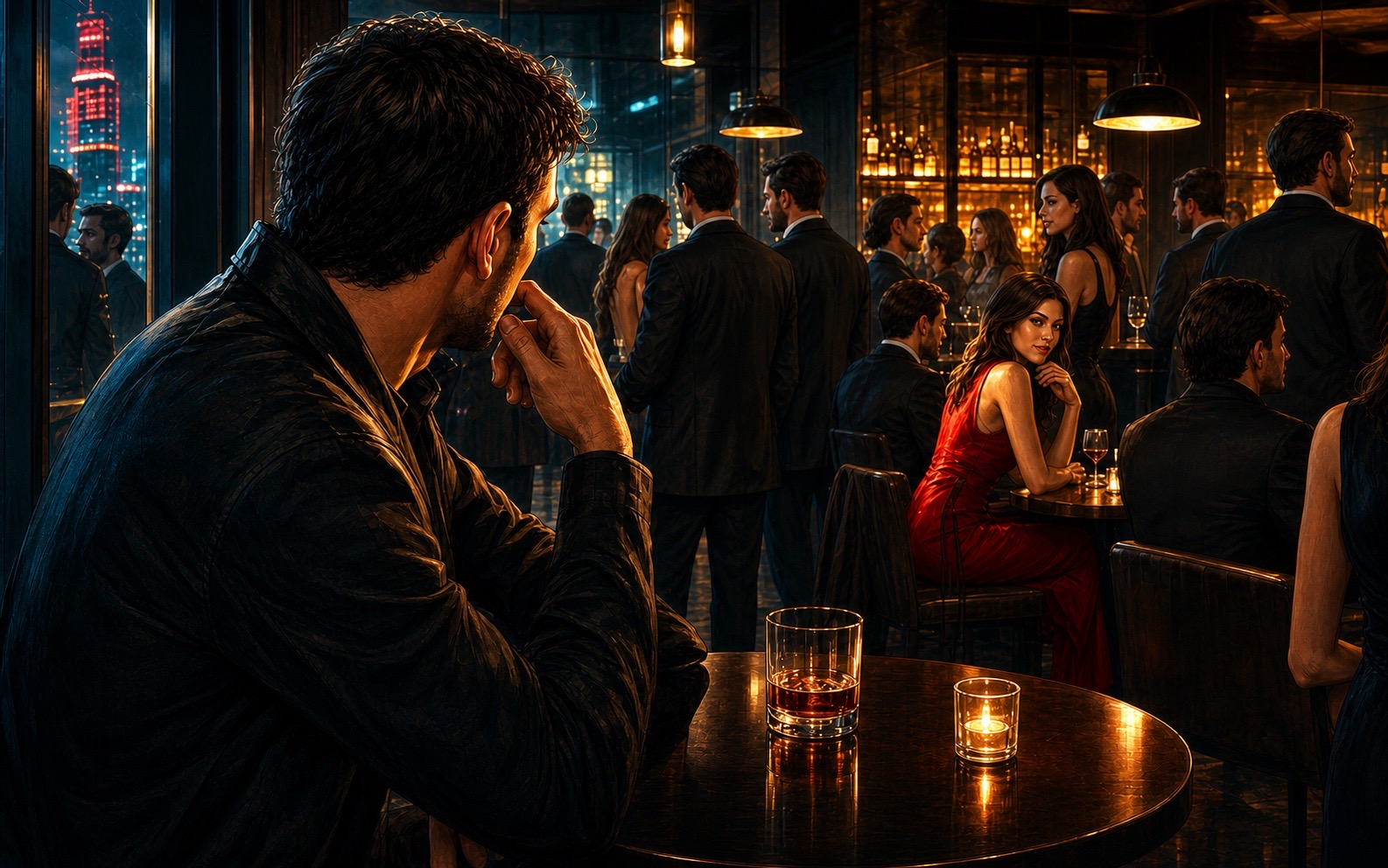 Illustration d'un homme qui reste assis alors qu'une femme le regarde dans un bar