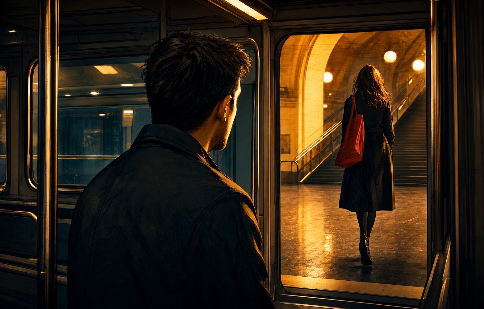 Illustration d'un homme qui laisse passer le moment alors qu'une femme quitte le métro